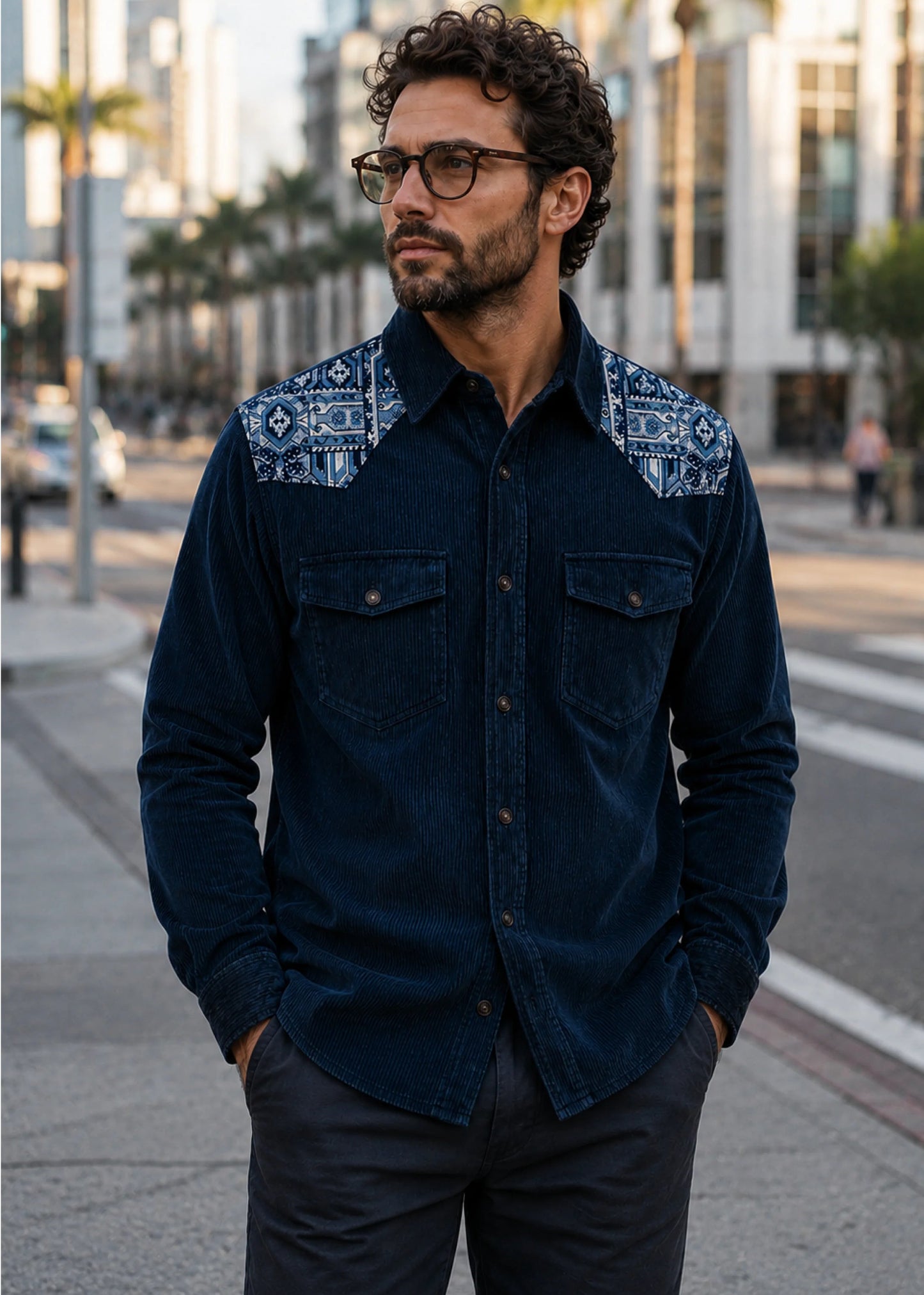 CLASSIC SHIRT REGULAR NEW YORK NAVY BLUE PALM TROPICARIO