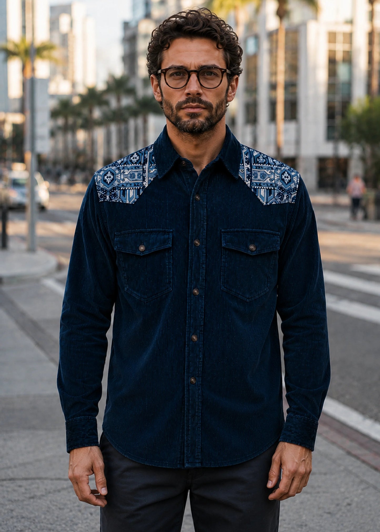CLASSIC SHIRT REGULAR NEW YORK NAVY BLUE PALM TROPICARIO