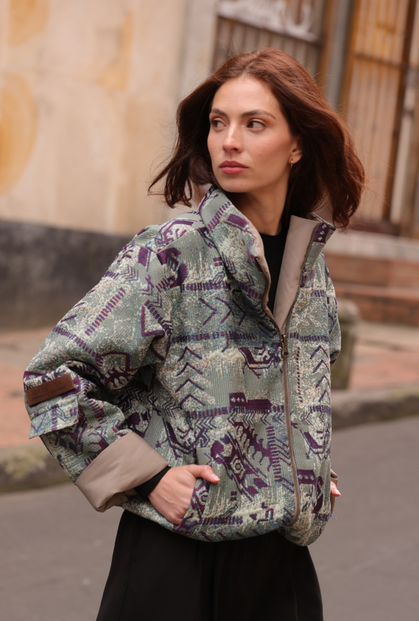 Double-sided puffy jacket khaki turquoise tracks Warmi